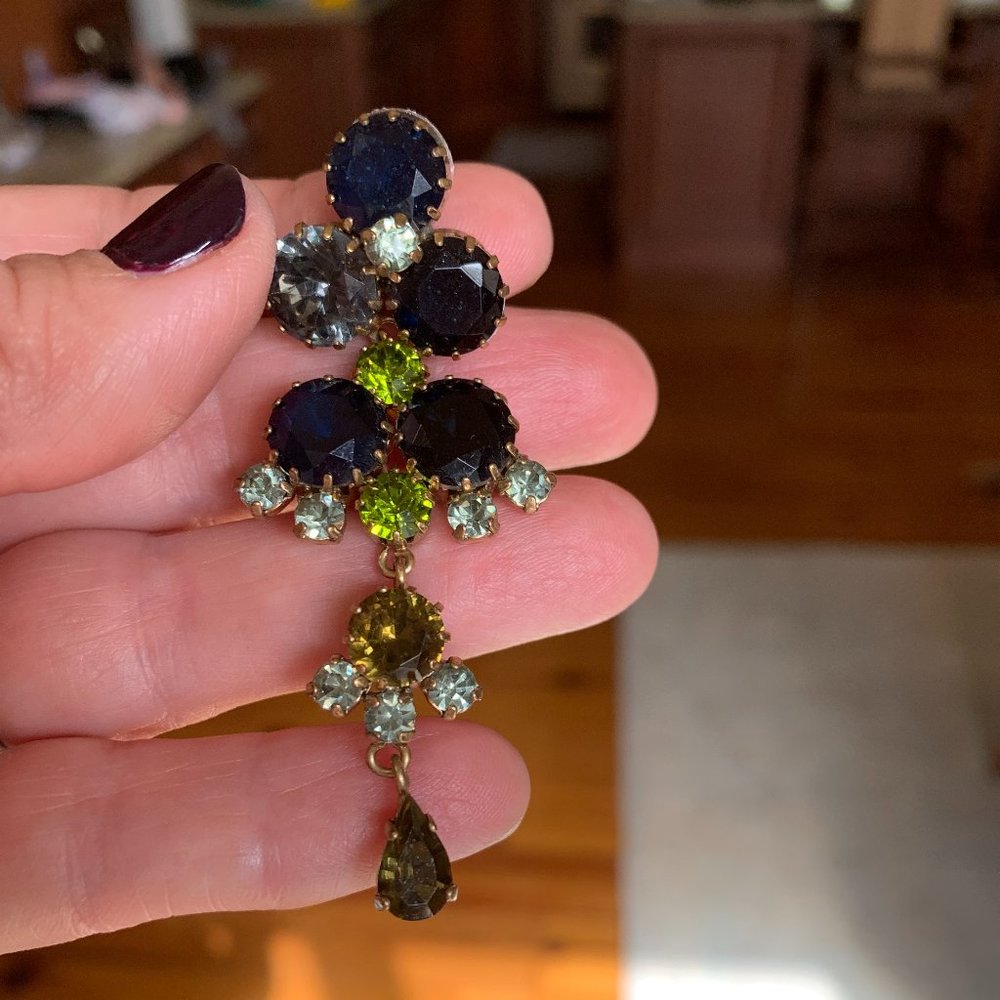 J Crew Blue/Green/Taupe Rhinestone Chandelier Statement Earrings